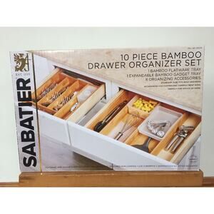 Sabatier 10 Piece Bamboo Flatware Drawer Organizer Expandable Gadget Tray NIB